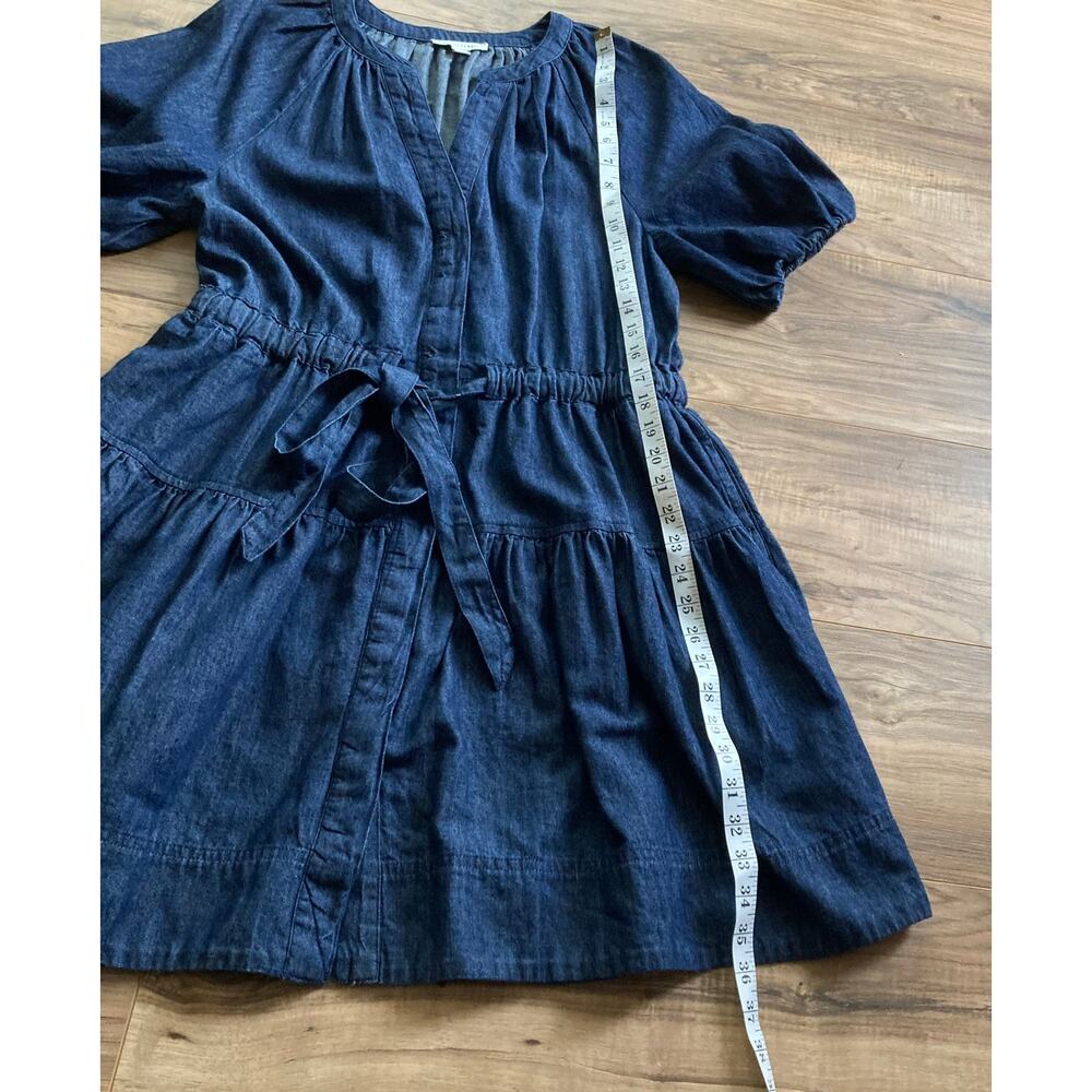 Free Assembly Denim Midi Dress M Blue VNeck Puff Sleeve Tie Belt Cottage Peasant - Picture 11 of 12